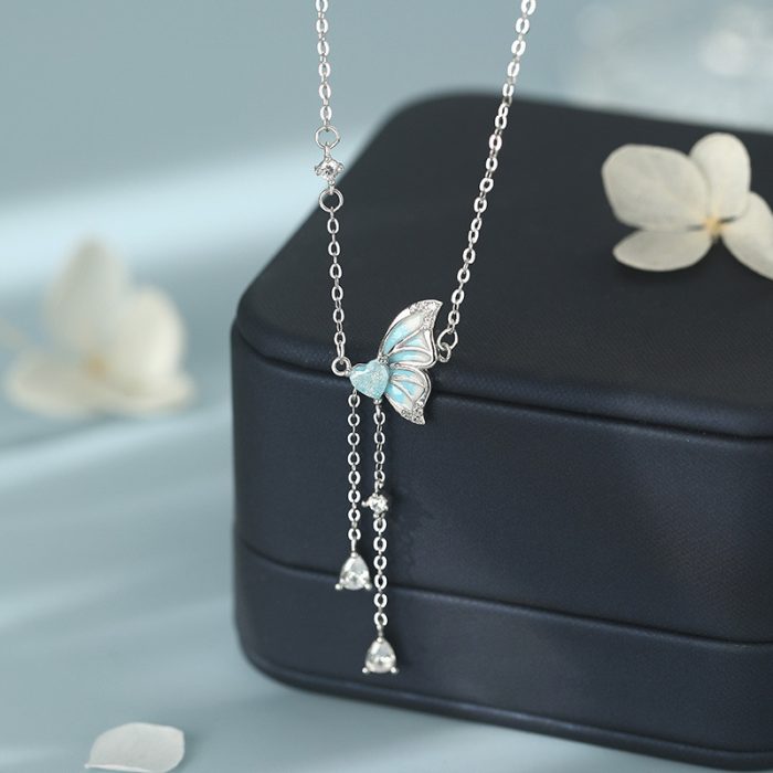 999 Fine Silver Glow-in-the-Dark Butterfly Heart Tassel Necklace - Image 4