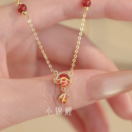 999 Fine Silver Little Koi Fish Red Agate Necklace - Image 5