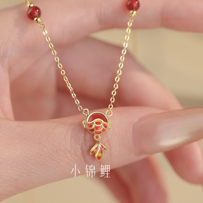 999 Fine Silver Little Koi Fish Red Agate Necklace - Image 5