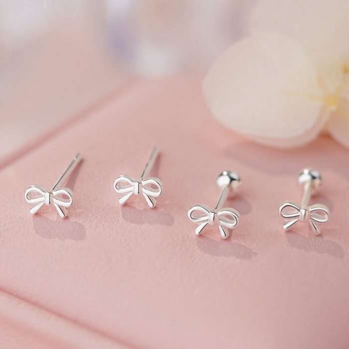 999 Fine Silver Princess Bow Straight Post Screw Back Earrings - Image 6