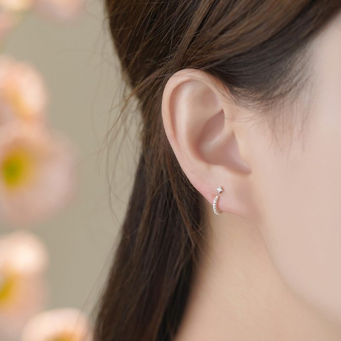 999 Fine Silver CZ Curved Hook Back Hanging Stud Earrings - Image 2