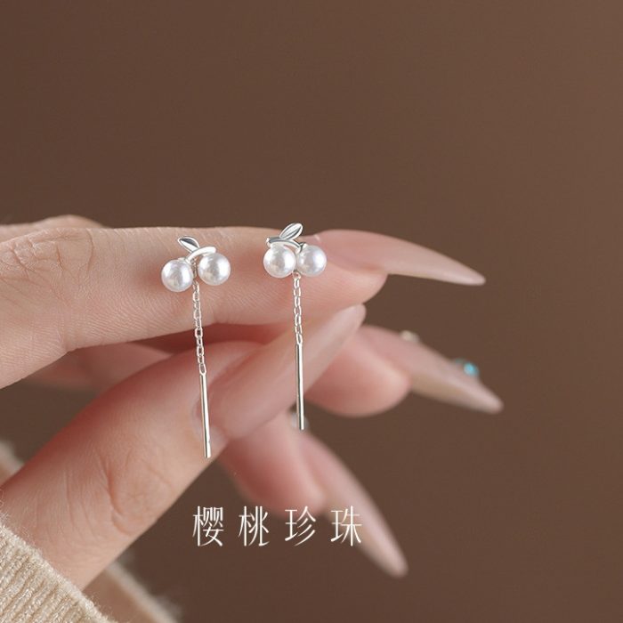 New 999 Fine Silver Light Luxury Premium Cherry Pearl Threader Earrings - Image 5