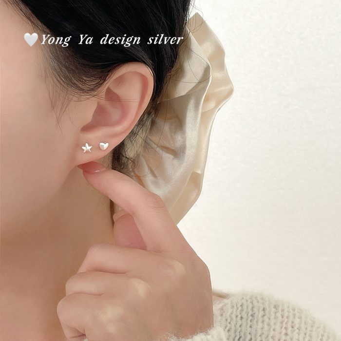 999 Fine Silver Heart Star Stud Earrings - Image 2