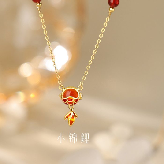 999 Fine Silver Little Koi Fish Red Agate Necklace - Image 4