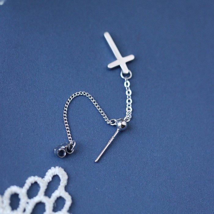 Full 925 Sterling Silver Cross Chain Tassel Hoop Earrings - Image 3