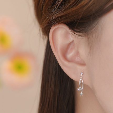 925 Sterling Silver Korean Style Safety Pin Star Stud Earrings - Image 3