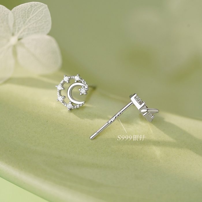 999 Fine Silver Needle Bestseller Moon Planet Stud Earrings - Image 2