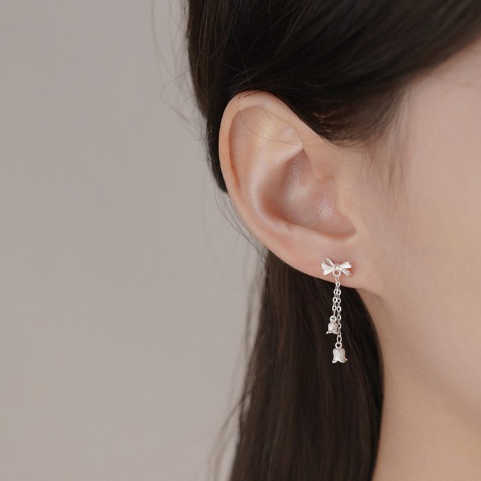 999 Fine Silver Bow Lily of the Valley Tassel Stud Earrings - Image 2