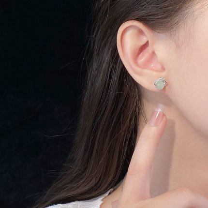 999 Fine Silver Hetian Jade Four Leaf Clover Stud Earrings - Image 5
