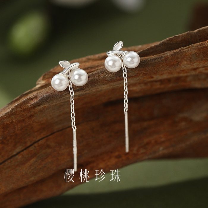 New 999 Fine Silver Light Luxury Premium Cherry Pearl Threader Earrings - Image 4