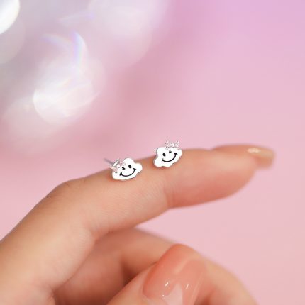 999 Fine Silver Cloud Smiley Face Stud Earrings - Image 6