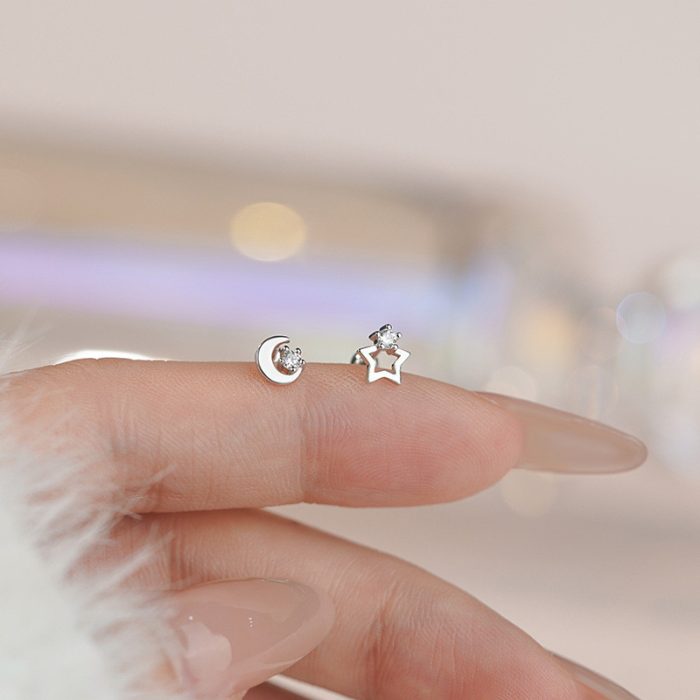 999 Fine Silver Asymmetric Star Moon Screw Back Earrings - Image 6