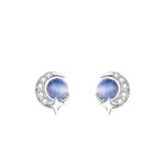999 Fine Silver Blue Cat Eye Moon Planet Stud Earrings