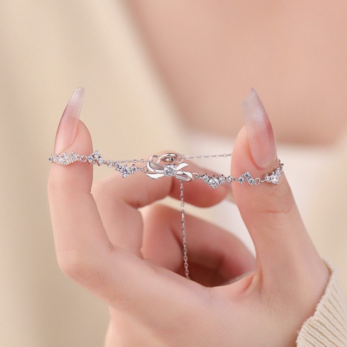 999 Fine Silver Bow CZ Heart Bracelet, Sweet Winter New Fresh Unique Bracelet - Image 3