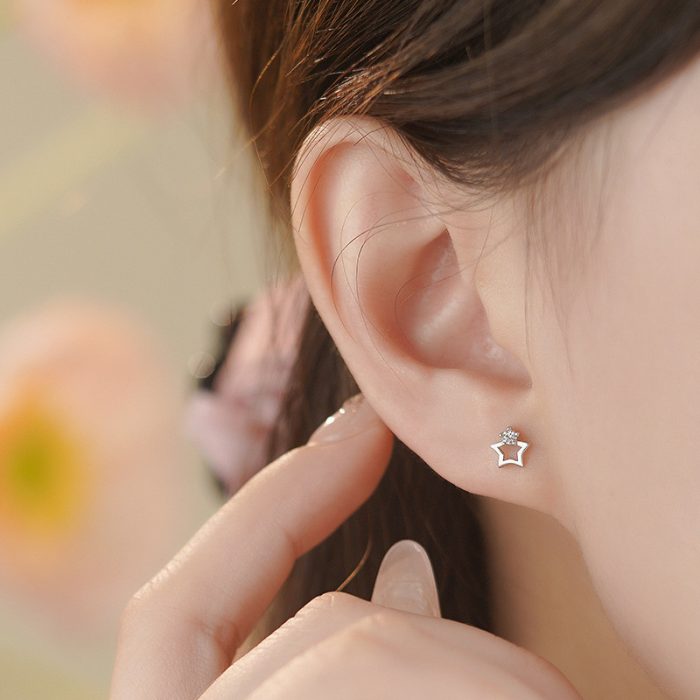 999 Fine Silver Asymmetric Star Moon Screw Back Earrings - Image 2
