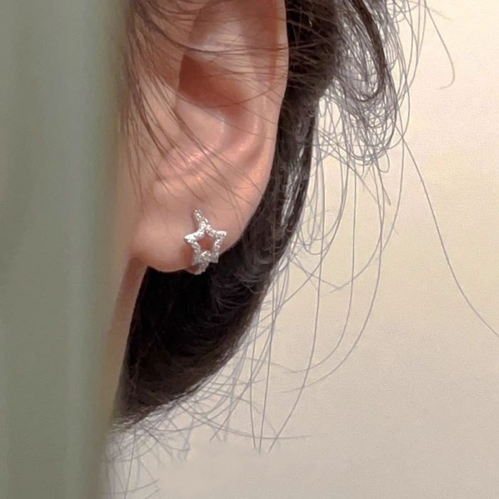 925 Sterling Silver Pave CZ Star Hoop Earrings - Image 4