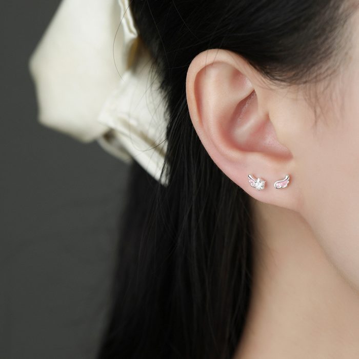 999 Fine Silver Pink Wing Star Wish Wing Star CZ Stud Earrings - Image 2