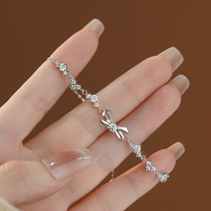 999 Fine Silver Bow CZ Heart Bracelet - Image 3