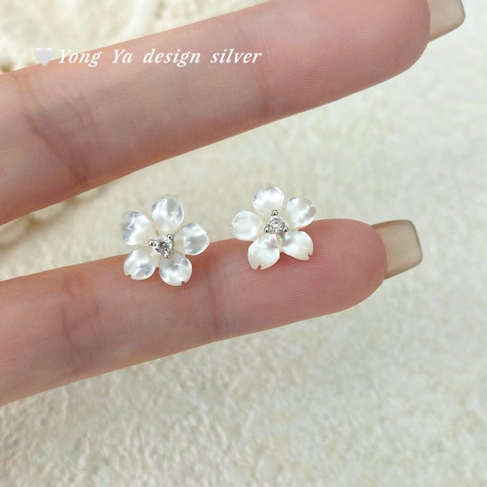 925 Sterling Silver White Shell Floral Stud Earrings - Image 3
