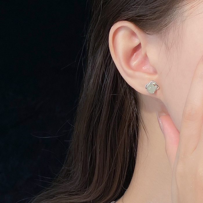 999 Fine Silver Hetian Jade Four Leaf Clover Stud Earrings - Image 2