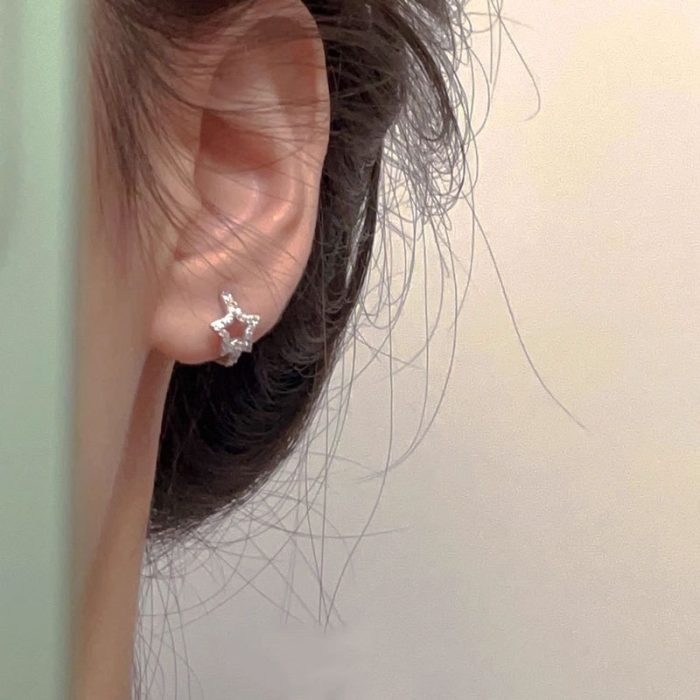 925 Sterling Silver Pave CZ Star Hoop Earrings - Image 2