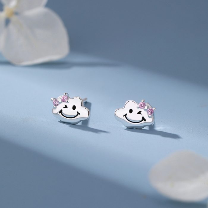 999 Fine Silver Cloud Smiley Face Stud Earrings - Image 3