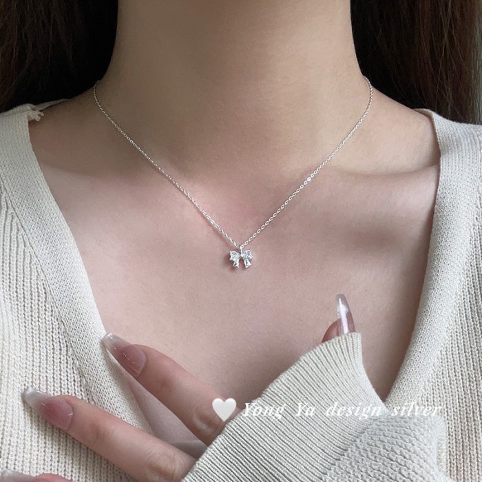 999 Fine Silver CZ Bow Necklace - Image 2