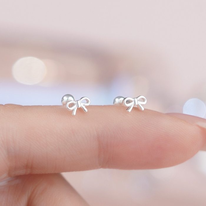 999 Fine Silver Princess Bow Straight Post Screw Back Earrings - Image 3