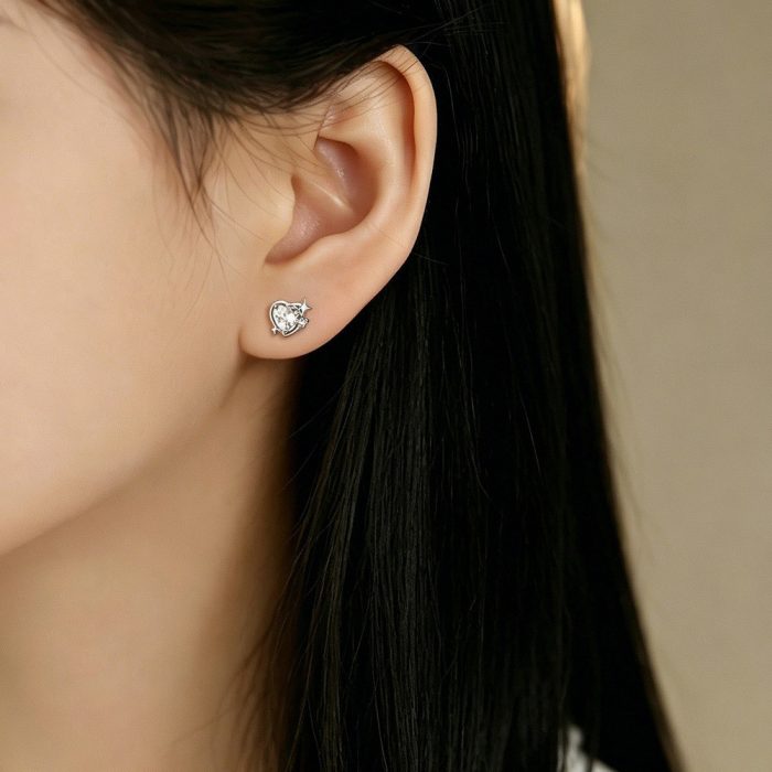 999 Fine Silver Needle Minimalist Gentle Heart CZ Stud Earrings - Image 2