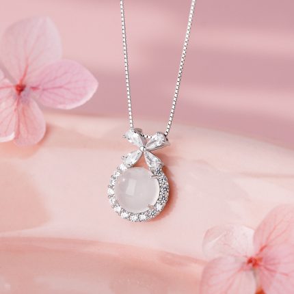 925 Sterling Silver Sweet Butterfly Circle White Agate Necklace - Image 3