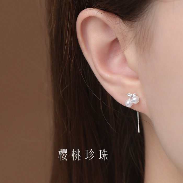 New 999 Fine Silver Light Luxury Premium Cherry Pearl Threader Earrings - Image 2