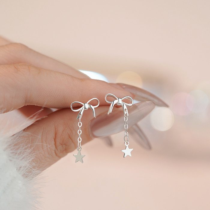 925 Sterling Silver Bow Five Point Star Stud Earrings - Image 3