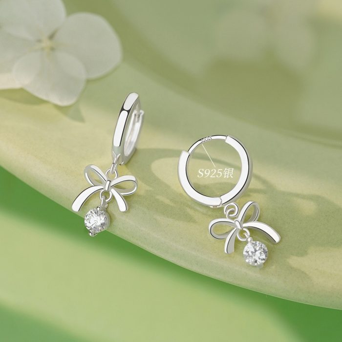 925 Sterling Silver Needle Bow CZ Hoop Earrings - Image 2