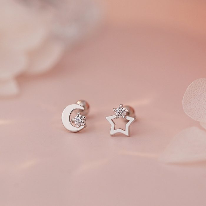 999 Fine Silver Asymmetric Star Moon Screw Back Earrings - Image 5