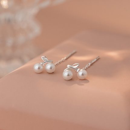 999 Fine Silver Cherry Pearl Threader Earrings - Image 4