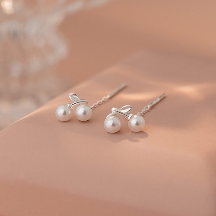 999 Fine Silver Cherry Pearl Threader Earrings - Image 4