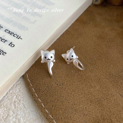 999 Fine Silver Korean Style Cat Enamel Back Hanging Earrings - Image 3