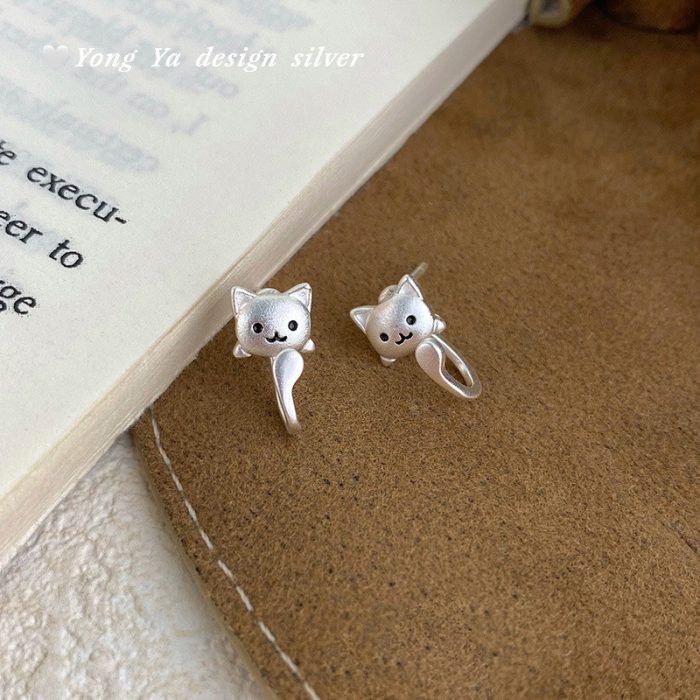 999 Fine Silver Korean Style Cat Enamel Back Hanging Earrings - Image 3