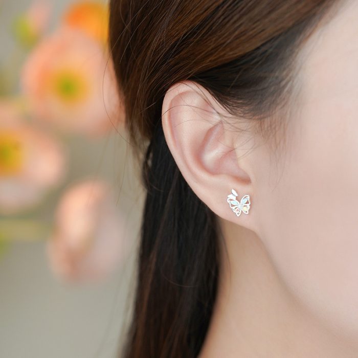 999 Fine Silver Butterfly Tassel Ice Flower zircon Stud Earrings - Image 2