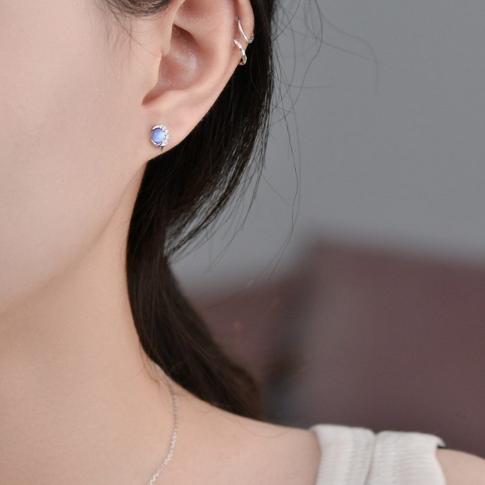 999 Fine Silver Blue Cat Eye Moon Planet Stud Earrings - Image 2