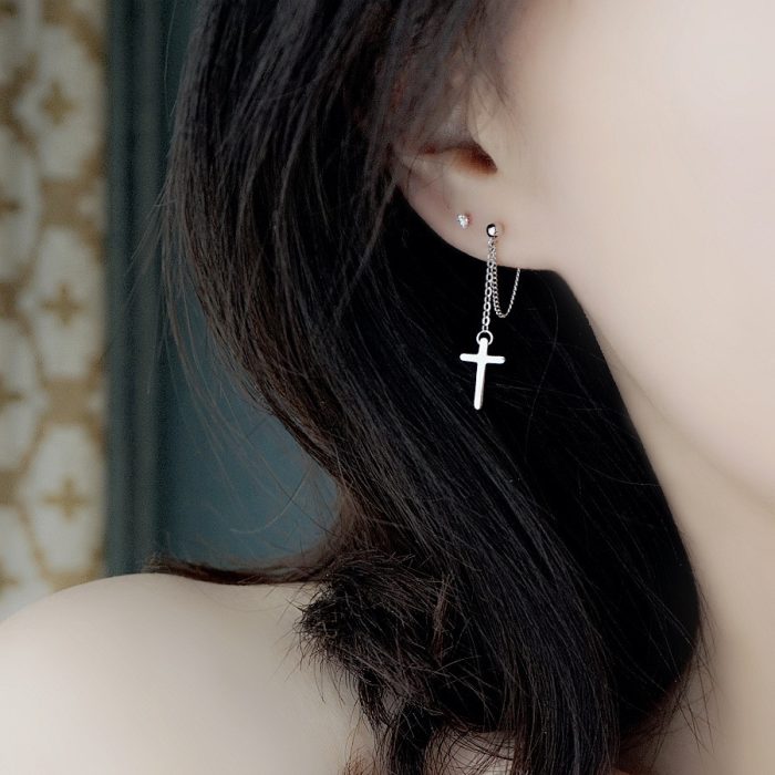 Full 925 Sterling Silver Cross Chain Tassel Hoop Earrings - Image 2
