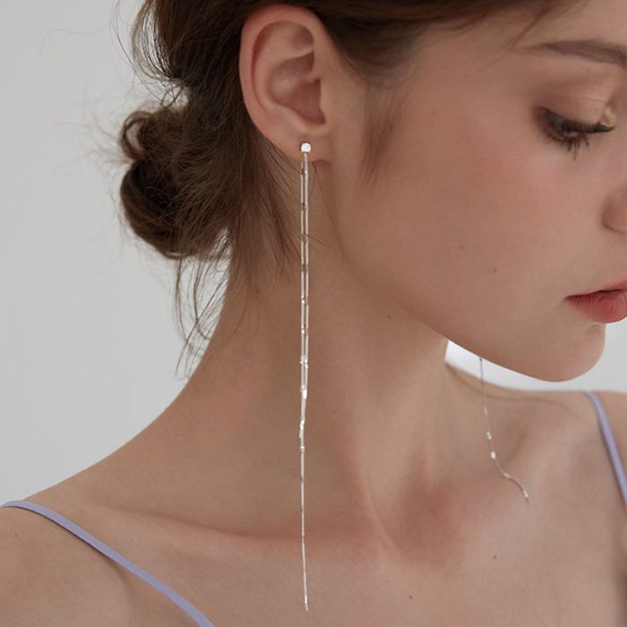 925 Sterling Silver Face Slimming Korean Elegant Long Tassel Sequin Stud Earrings - Image 2