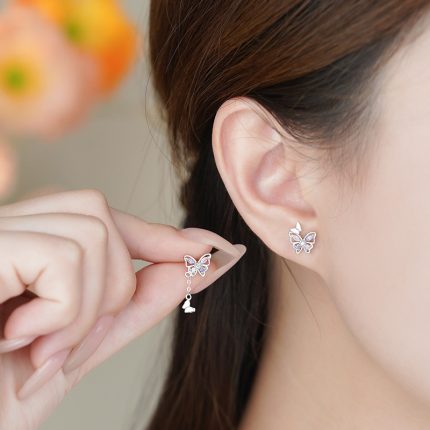 999 Fine Silver Butterfly Tassel Ice Flower zircon Stud Earrings - Image 4