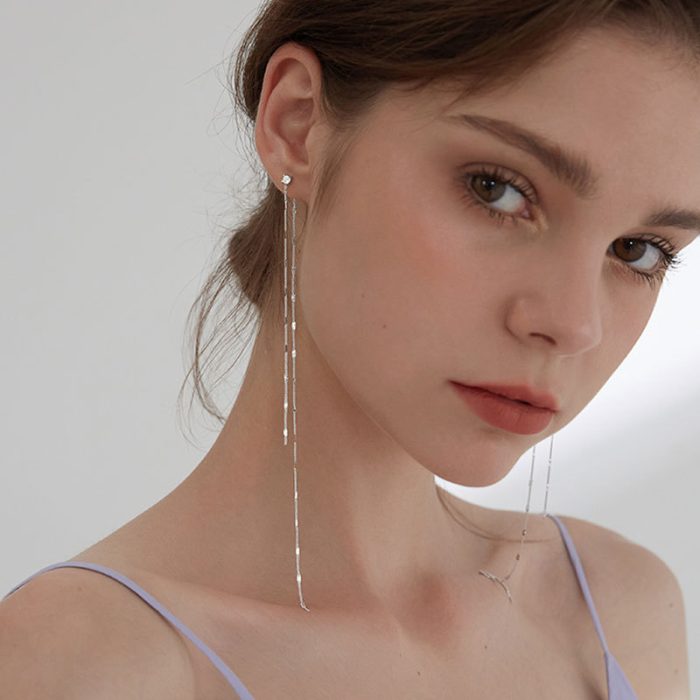 925 Sterling Silver Face Slimming Korean Elegant Long Tassel Sequin Stud Earrings - Image 5
