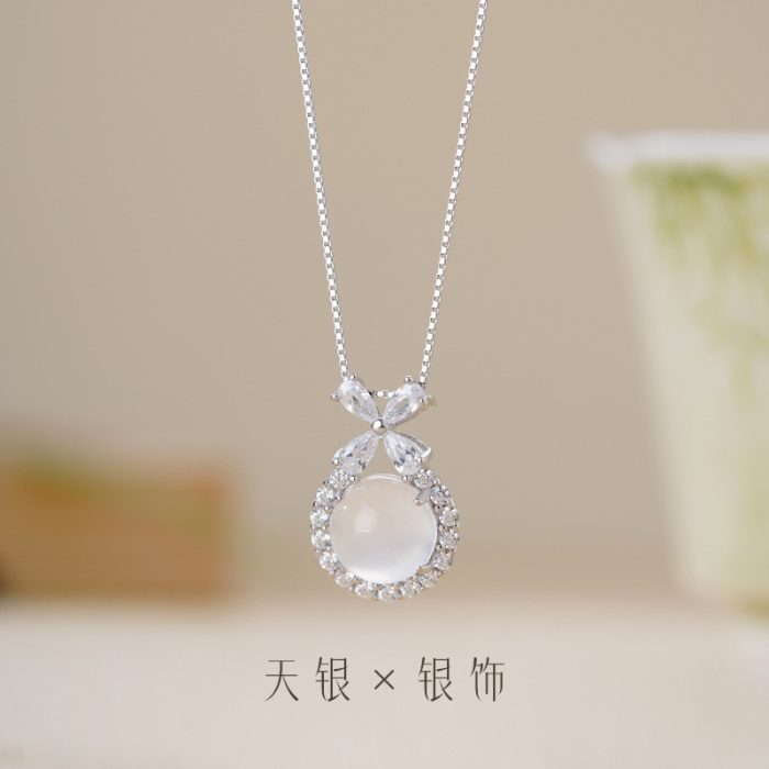 Tianyin 925 Sterling Silver Light Luxury Fashion Floral Circle White Agate Necklace - Image 4