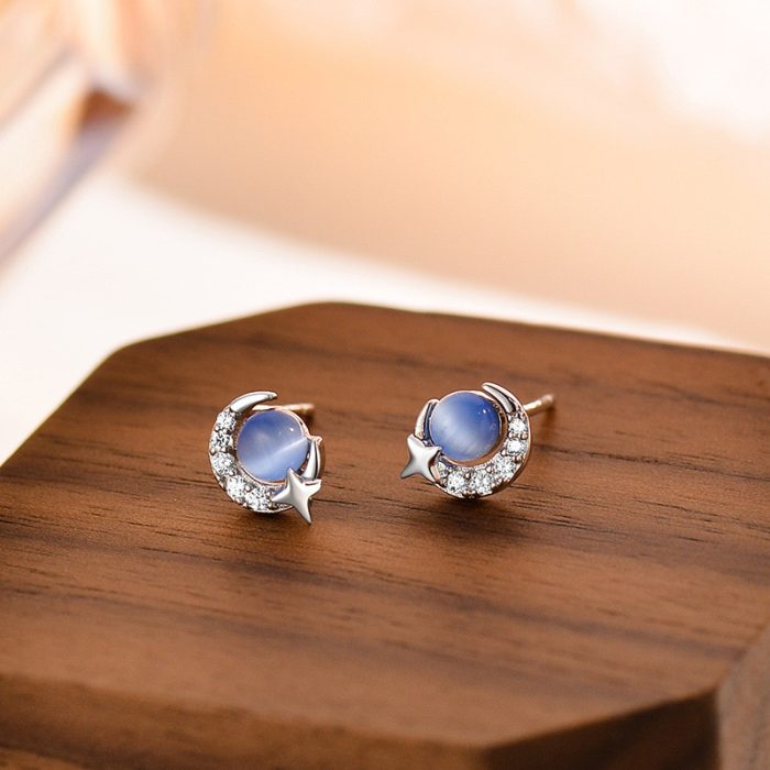 999 Fine Silver Blue Cat Eye Moon Planet Stud Earrings - Image 3
