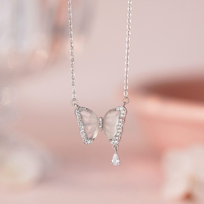 925 Sterling Silver Butterfly Chalcedony Necklace - Image 3