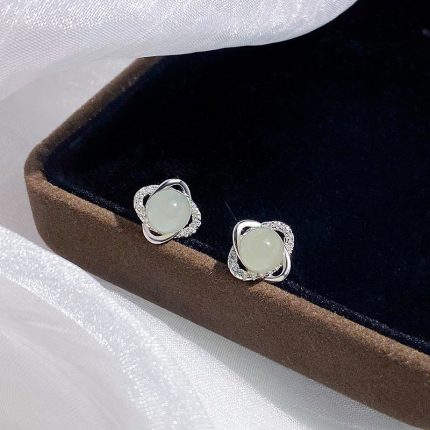 999 Fine Silver Hetian Jade Four Leaf Clover Stud Earrings - Image 4