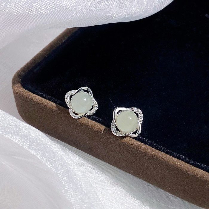999 Fine Silver Hetian Jade Four Leaf Clover Stud Earrings - Image 4