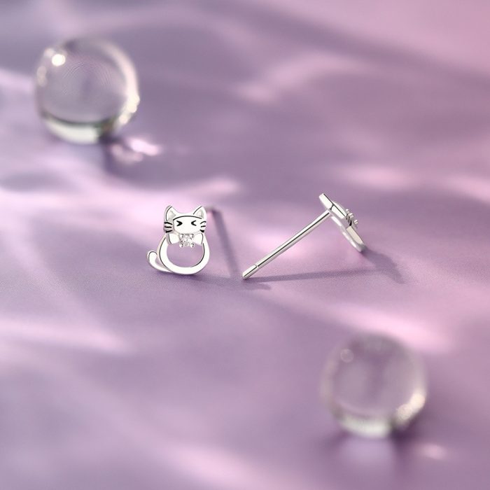 999 Fine Silver Hollow Cat Stud Earrings - Image 3